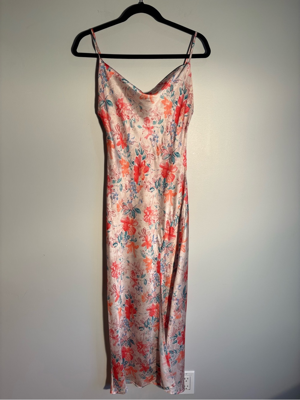 Paper Heart Floral Satin Slip Maxi Dress XS Pink Coral Cowl Neck